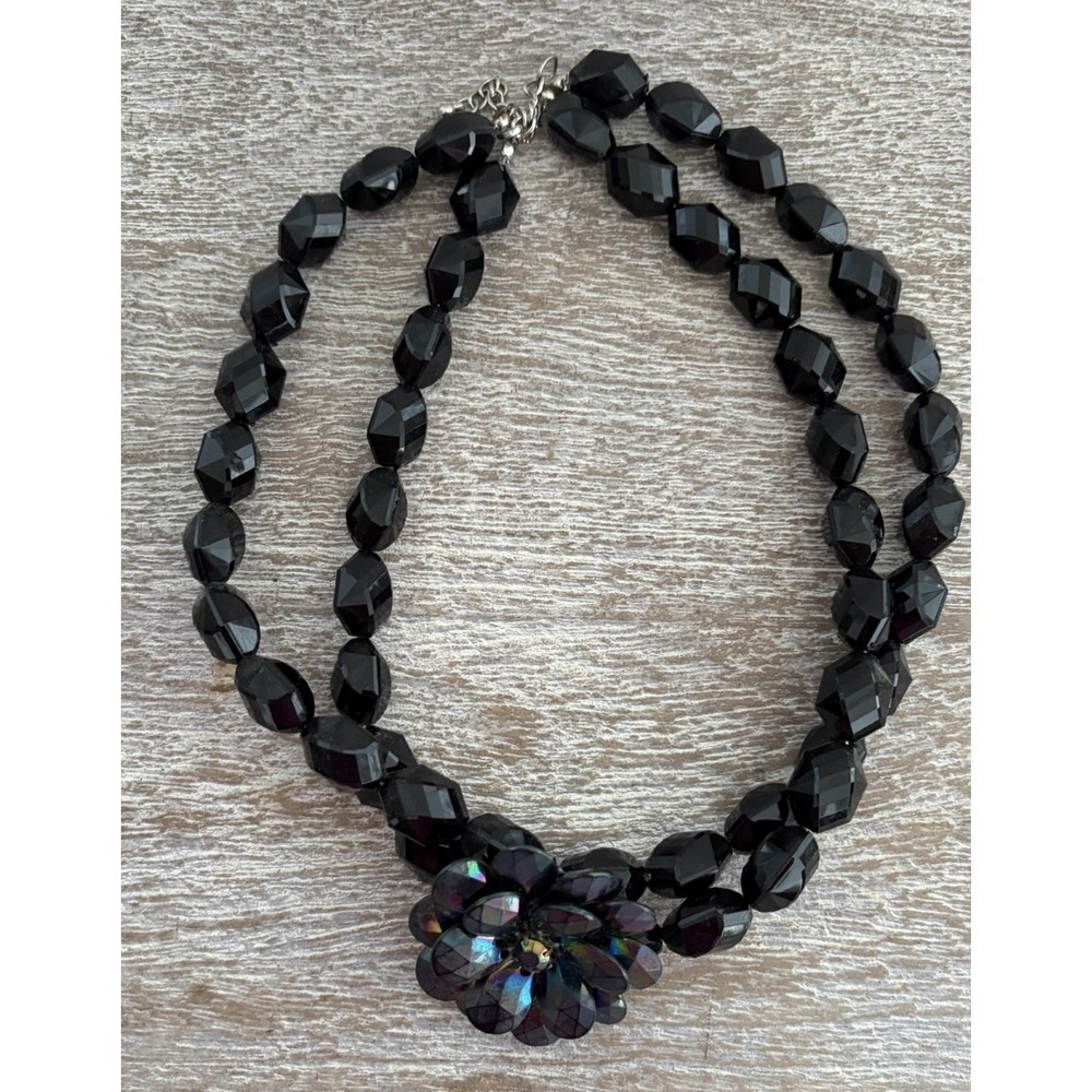 Black Glass Beaded Necklace Double Strand Faceted Iridescent Flower Whimsigoth